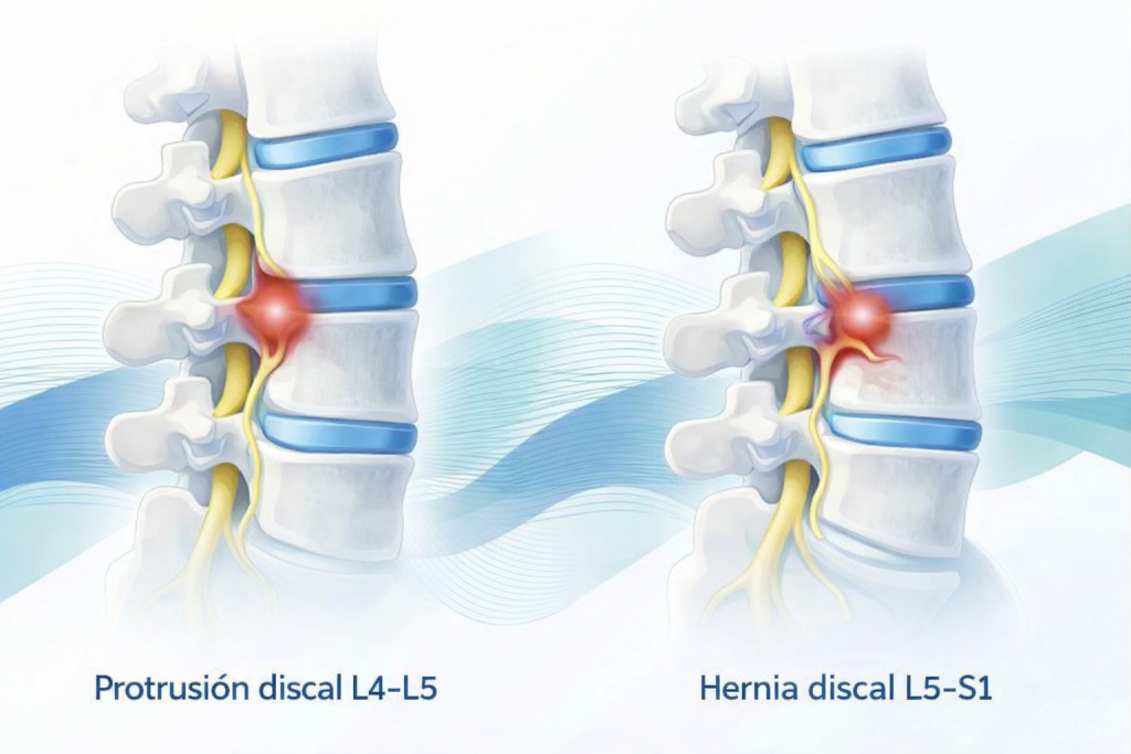 Infografía comparativa sobre las diferencias entre protusión discal y hernia discal L4-L5 y L5-S1, mostrando la anatomía del disco y el tratamiento sin cirugía mediante movimiento.